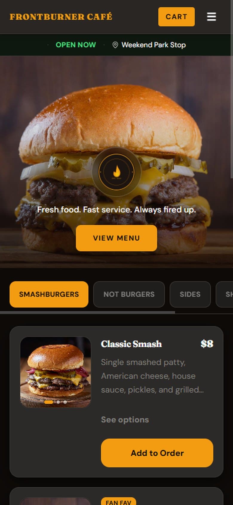 Frontburner Café customer app — open now, smashburger menu, add to order